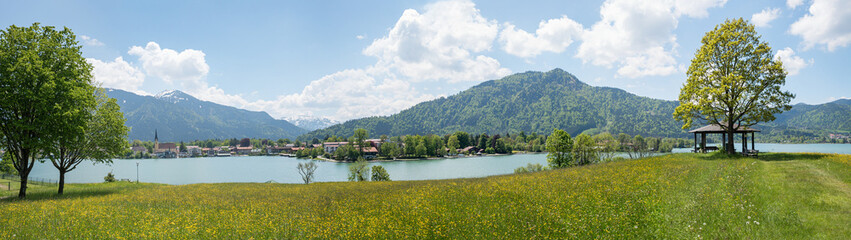 panorama landscape Leeberg hill, view to Rottach-Egern tourist resort at springtime