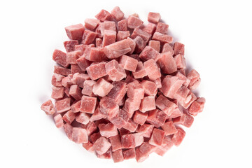 Top view of frozen pork meat cubes isolated on white background