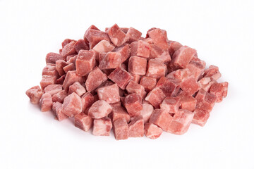 Frozen pork meat cubes isolated on white background