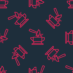 Red line Blacksmith anvil tool and hammer icon isolated seamless pattern on black background. Metal forging. Forge tool. Vector