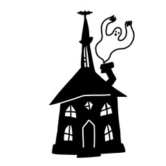 Ghost mansion. Halloween illustration of scary house with ghost. Vector doodle cartoon illustration with haunted house.