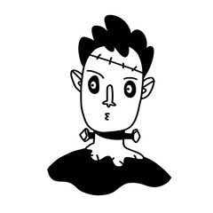 Cute zombie. Halloween zombie character portrait in cartoon doodle outline style. Vector illustration