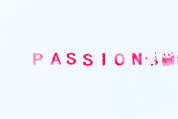 Red color ink rubber stamp in word passion on white paper background