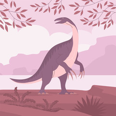 Fototapeta premium Ancient pangolin therizinosaurus. Big lizard with long claws. Herbivorous dinosaur of the Jurassic period. Wildlife background. Prehistoric animal and paleontology. Vector cartoon illustration
