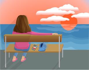 The young girl sitting on the bench, watching the sunset, does not notice that the phone is ringing.