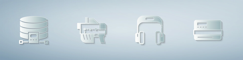 Set Cloud database, Futuristic weapon, Headphones and Credit card. Paper art style. Vector