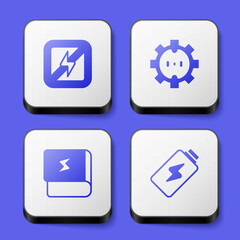 Set No lightning, Electrical outlet, Book about electricity and Battery charge icon. White square button. Vector