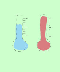 Two types of thermometers to measure temperature. Red for hot and blue for cold weather