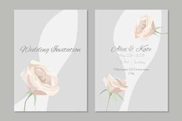 Vector wedding invitation template with creamy roses and geometrical grey background