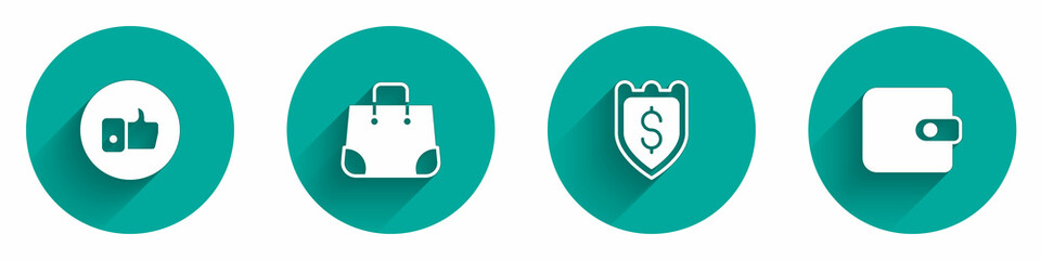 Set Hand like, Paper shopping bag, Shield with dollar and Wallet icon with long shadow. Vector