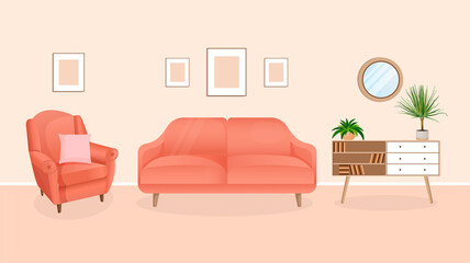 Modern living room interior with furniture and home plants. Design of a cozy room with a sofa, plants and decor items. Vector flat style illustration. lounge room.