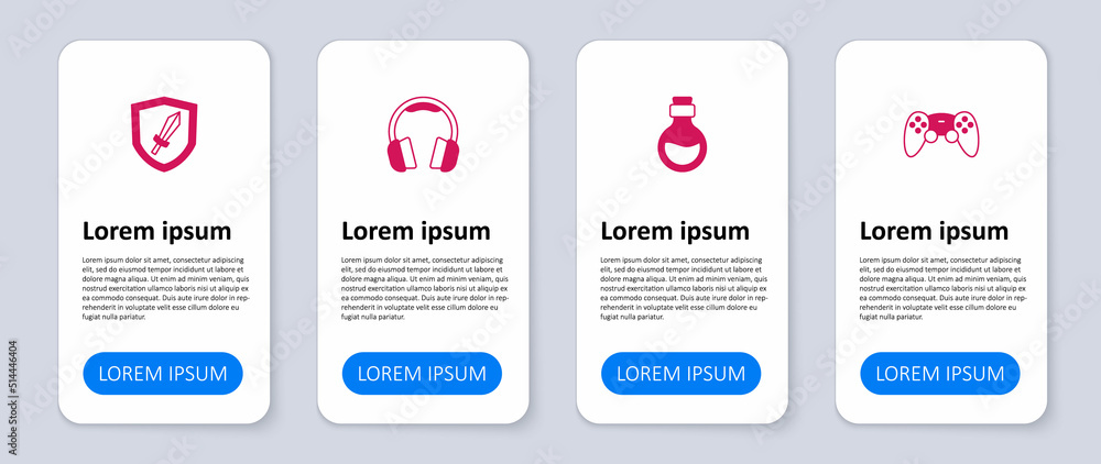 Poster set game controller or joystick, bottle with magic elixir, headphones and sword for game. business i
