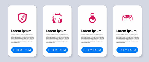 Set Game controller or joystick, Bottle with magic elixir, Headphones and Sword for game. Business infographic template. Vector