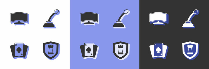 Set Chess shield, Computer monitor, Playing cards and Microphone icon. Vector
