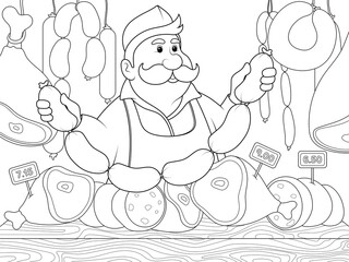 Seller, butcher sells sausages. Children coloring book, raster illustration.