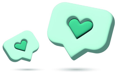 3D vector icon hearts shape like for social media and web sites isolated on white background mint color illustration 