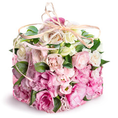 Flower box. Bouquet of beautiful peonies arranged in cubes. Beautiful peony flower for catalog or online store. Floral shop concept. Advertising. Flowers delivery - 514447879