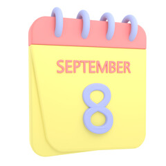 8th September 3D calendar icon. Web style. High resolution image. White background