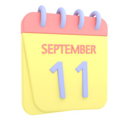 11th September 3D calendar icon. Web style. High resolution image. White background