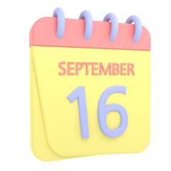 16th September 3D calendar icon. Web style. High resolution image. White background