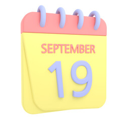 19th September 3D calendar icon. Web style. High resolution image. White background