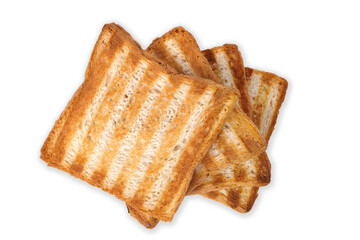 Several grilled toasts with stripes isolated on a white background. View from above.