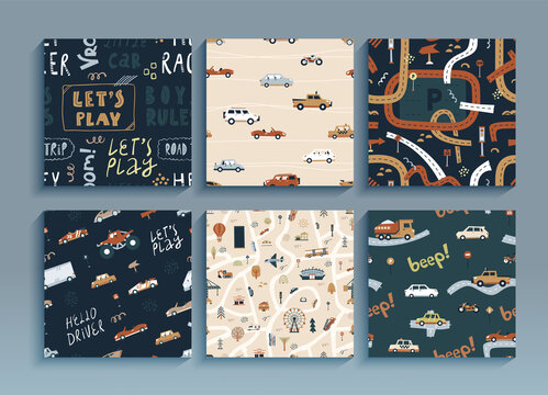 Set of seamless patterns little racer. Cartoon funny illustration with cars, map and landscape, wallpaper background. Vector collection