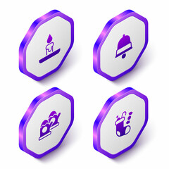 Set Isometric Burning candle, Christmas ringing bell, mittens and stocking icon. Purple hexagon button. Vector