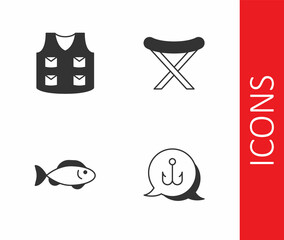Set Fishing hook, jacket, and Camping folding chair icon. Vector