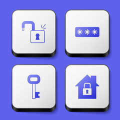 Set Open padlock, Password protection, Old key and House under icon. White square button. Vector