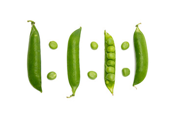 Fresh green peas on a white background, top view.