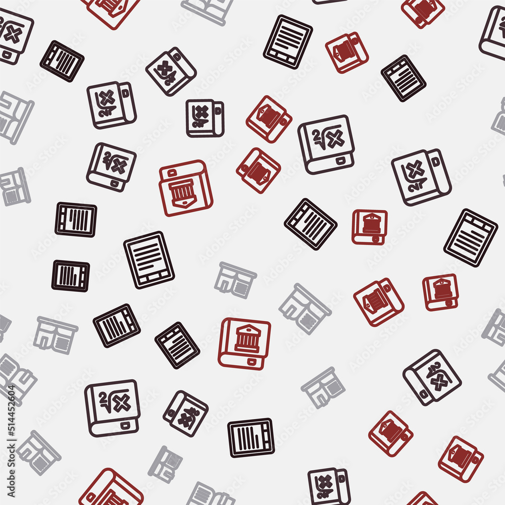 Poster set line e-book reader, with mathematics, open book and law on seamless pattern. vector