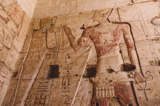 Ancient Egyptian Drawing on the Walls of the temple of Seti I also known as the Great Temple of Abydos in Kharga, Egypt
