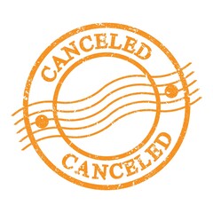 CANCELED, text written on orange postal stamp.