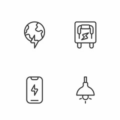 Set line Lamp hanging, Mobile phone, Global planet with thunderbolt and Electrical panel icon. Vector