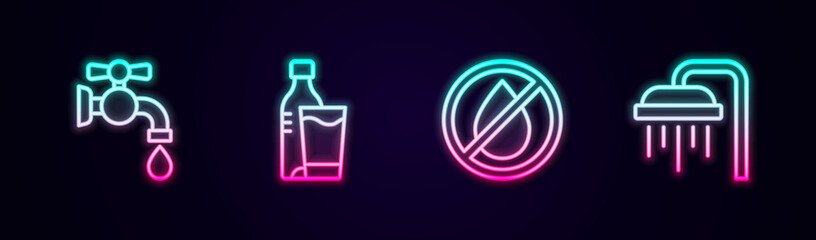 Set line Water tap, Bottle of water with glass, drop forbidden and Shower. Glowing neon icon. Vector