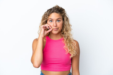 Girl with curly hair isolated on white background showing a sign of silence gesture