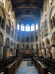 Interior of St. Bartholomew the Great medieval church in City of London. London, England. The Priory Church of St Bartholomew the Great. Anglican church situated at West Smithfield. altar