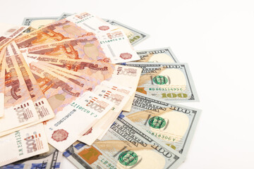 US Dollar and Russian ruble. Money background. Currency exhange. Economic crisis. Rouble dollar cash. Hundred dollar bill and 5000 rubles. Business and finance. Russia and USA