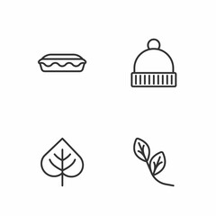Set line Leaf, Homemade pie and Winter hat icon. Vector