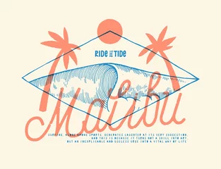  Malibu great wave and palms vintage typography silkscreen surfing t-shirt print vector illustration. © Handdraw
