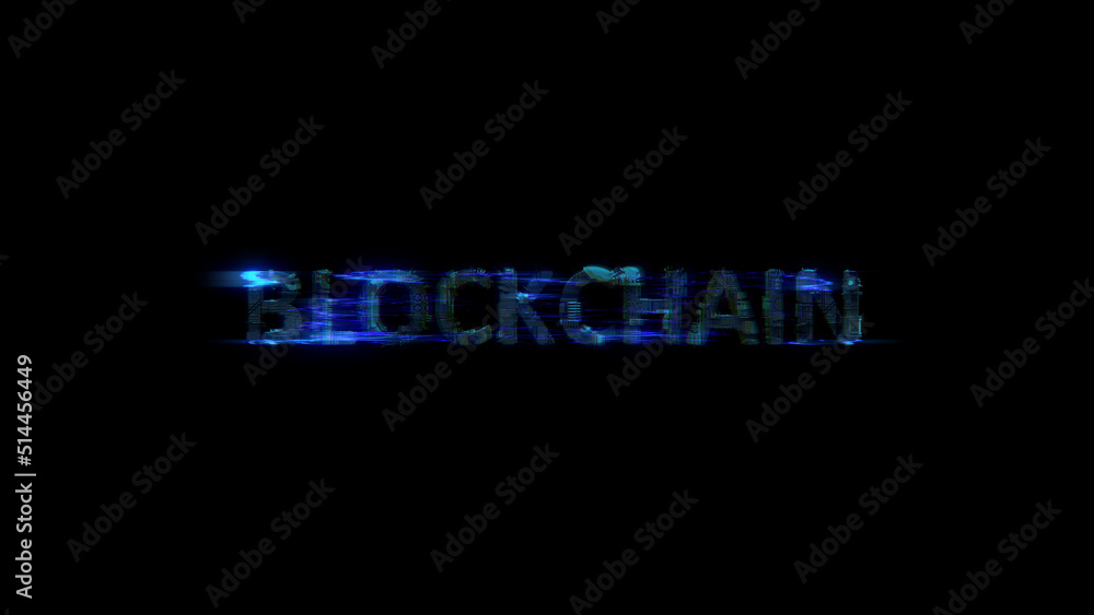 Aufkleber cybernetical electrical light shining text blockchain in glitch style, isolated - object 3d illustra