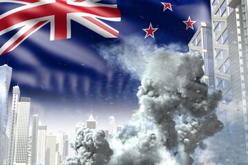 huge smoke column in the modern city - concept of industrial accident or act of terror on New Zealand flag background, industrial 3D illustration