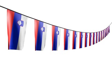 nice day of flag 3d illustration. - many Slovenia flags or banners hanging diagonal with perspective view on rope isolated on white