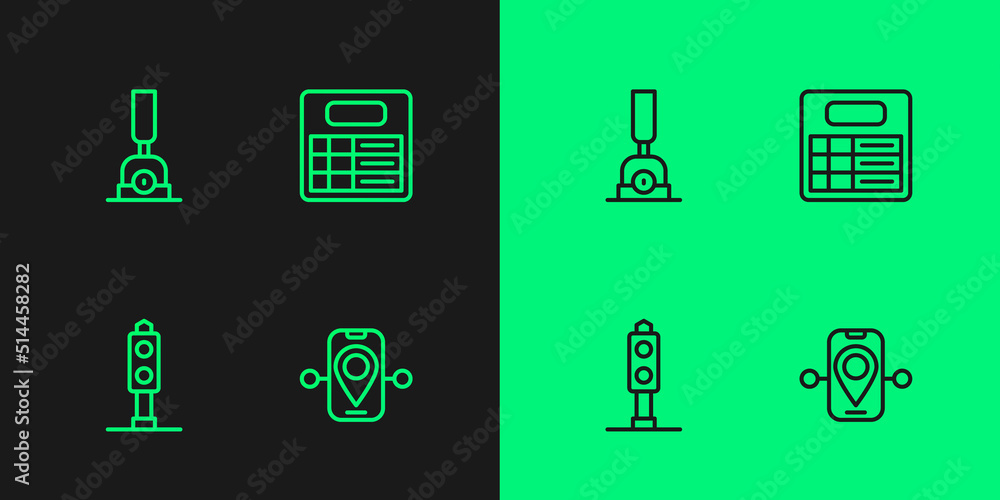 Poster set line route location, train traffic light, arrow for switching the railway and station board icon