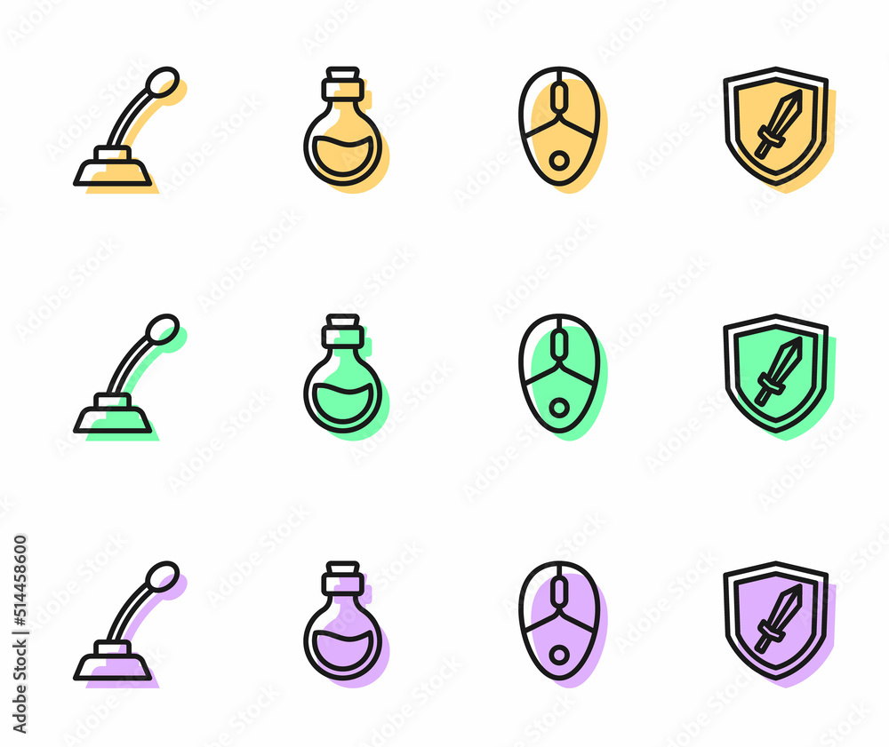 Poster set line computer mouse, microphone, bottle with magic elixir and sword for game icon. vector