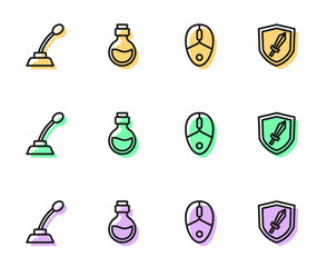 Set line Computer mouse, Microphone, Bottle with magic elixir and Sword for game icon. Vector