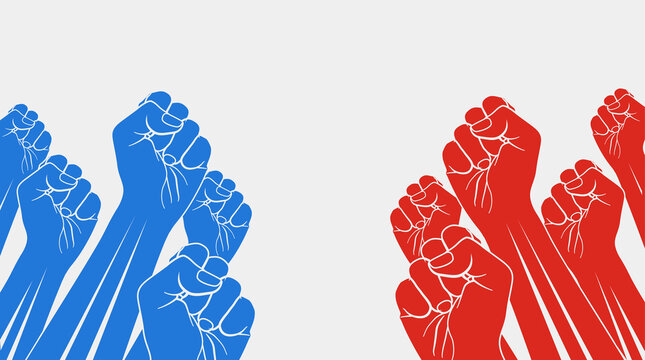 Group of red raised fists against group of blue raised fists, isolated on white background. Confrontation, opposition concept. Vector illustration.