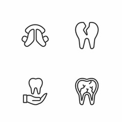 Set line Broken tooth, Tooth, Dental plate and icon. Vector
