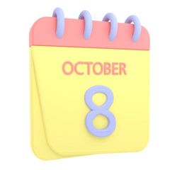 8th October 3D calendar icon. Web style. High resolution image. White background